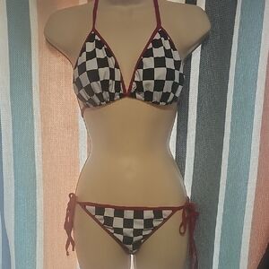 Checkerboard Tie-Side Bikini - Black/White with Red Trim